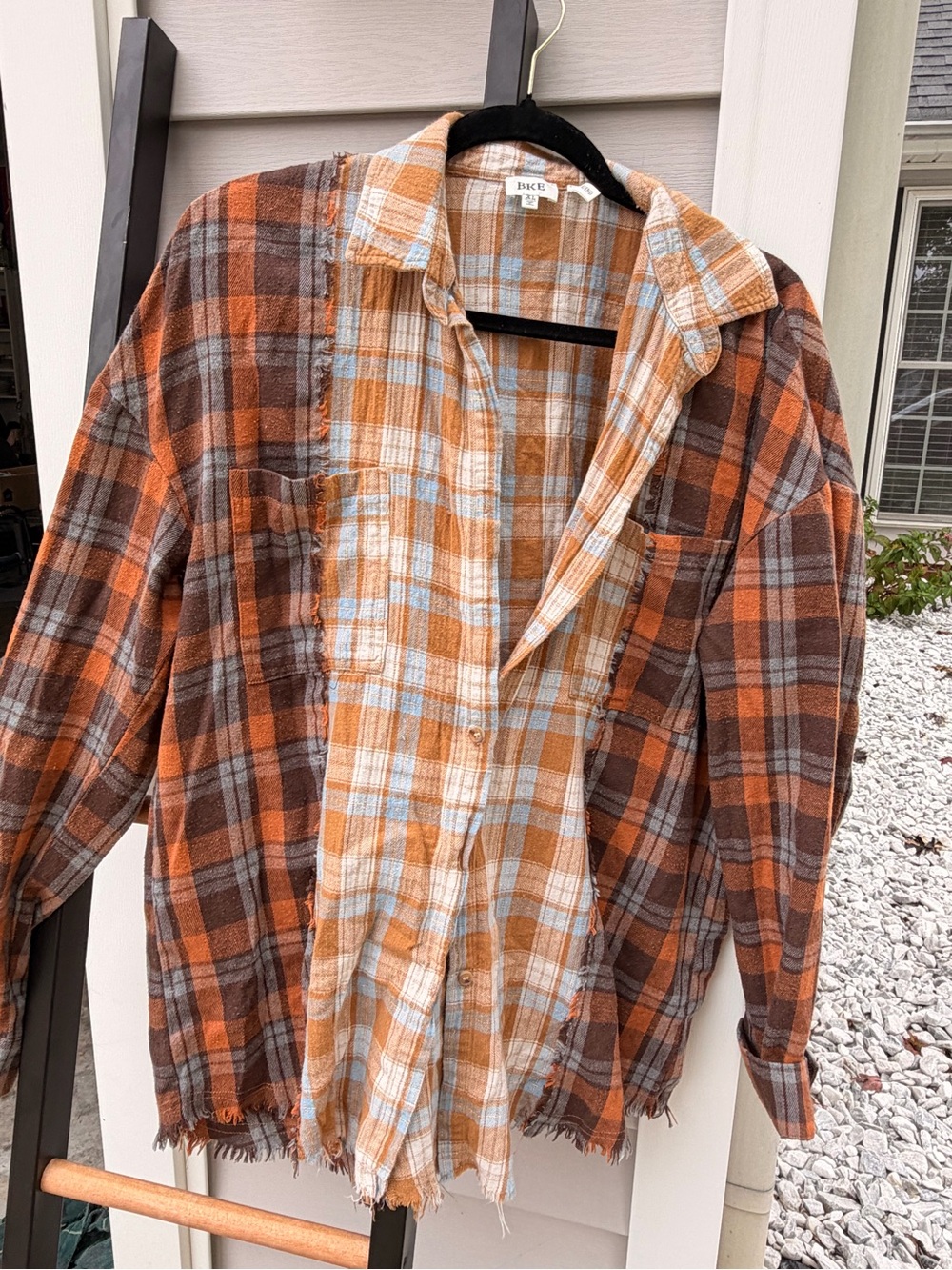 🍁BKE Mixed Flannel Boyfriend Shirt Frayed Plaid Button up